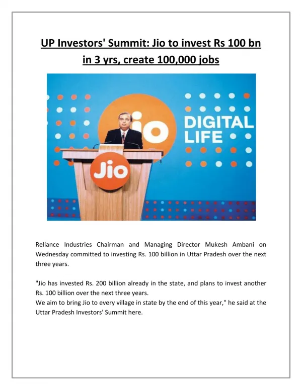 Up investors' summit jio to invest rs 100 bn in 3 yrs, create 100,000 jobs