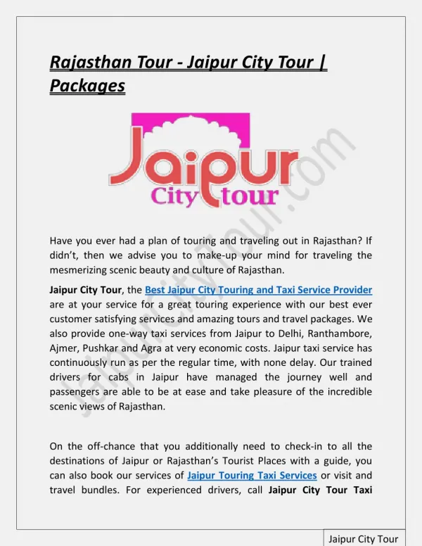 Rajasthan Tour - Jaipur City Tour | Packages