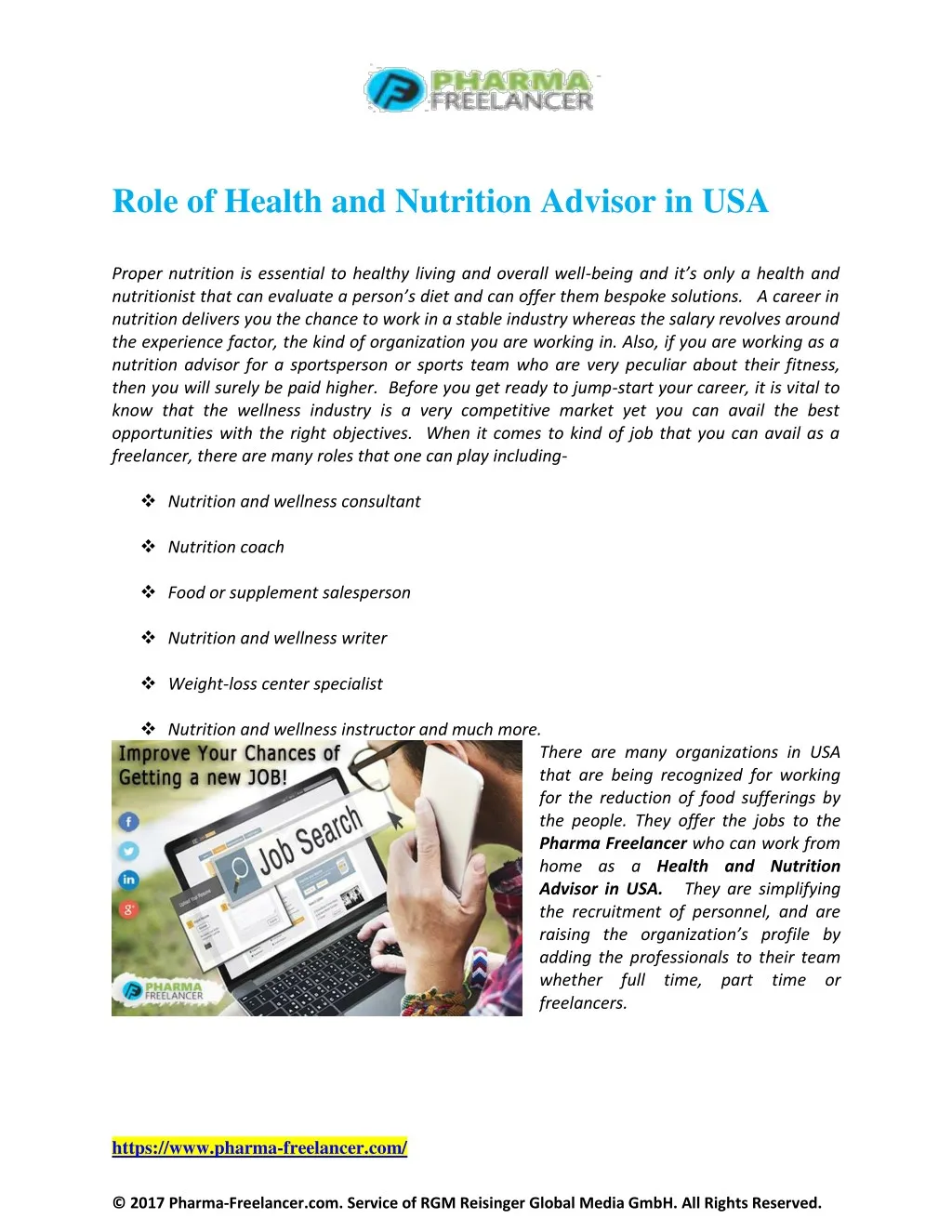 role of health and nutrition advisor in usa