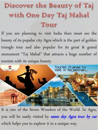 Discover the Beauty of Taj with One Day Taj Mahal Tour