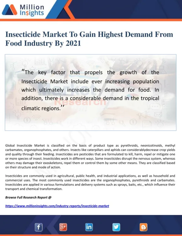 Insecticide Market To Gain Highest Demand From Food Industry By 2021