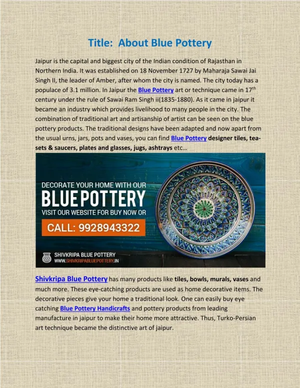 Leading Manufacturer and Supplier of Jaipur Blue Pottery
