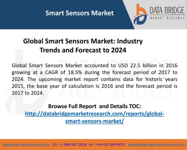 Global Smart Sensors Market accounted to USD 22.5 billion in 2016 growing at a CAGR of 18.5% during the forecast period