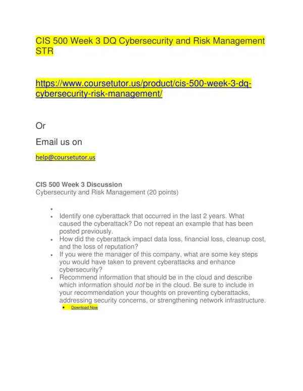 CIS 500 Week 3 DQ Cybersecurity and Risk Management STR