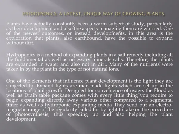 Hydroponics A Innovative, Unique Way of Growing Plants