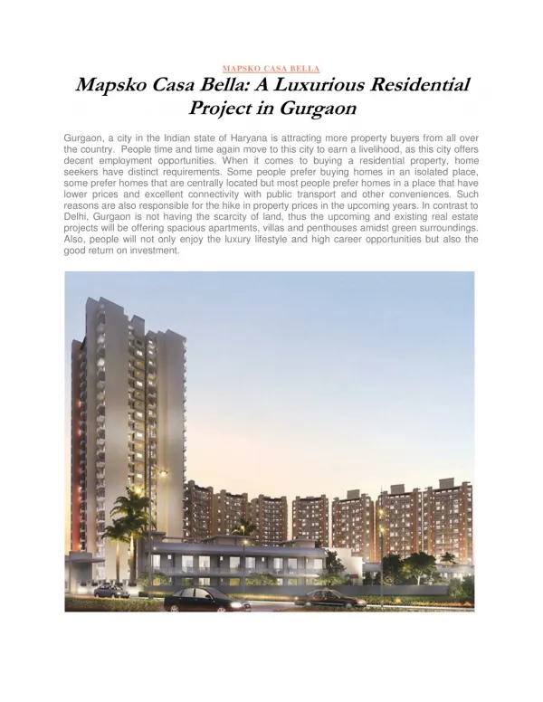 Mapsko Casa Bella: A Luxurious Residential Project in Gurgaon