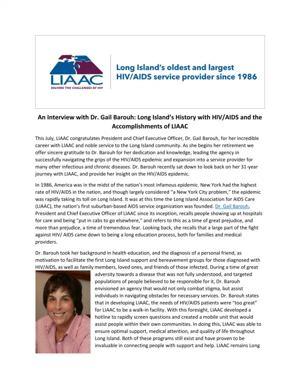 An Interview with Dr. Gail Barouh: Long Island’s History with HIV/AIDS and the Accomplishments of LIAAC