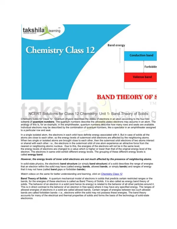 NCERT Solutions for Class 12 Chemistry- Unit 1- Band Theory of Solids