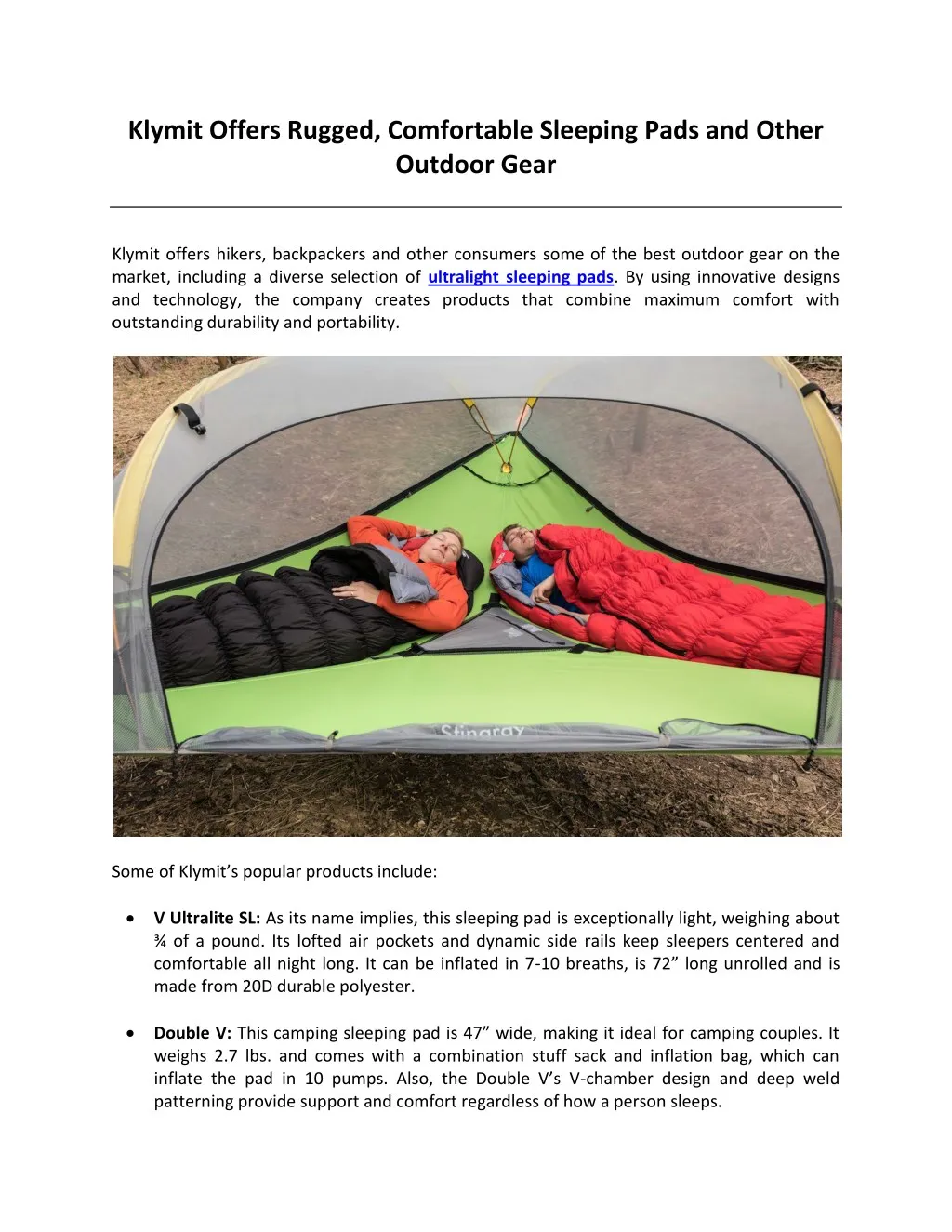 klymit offers rugged comfortable sleeping pads