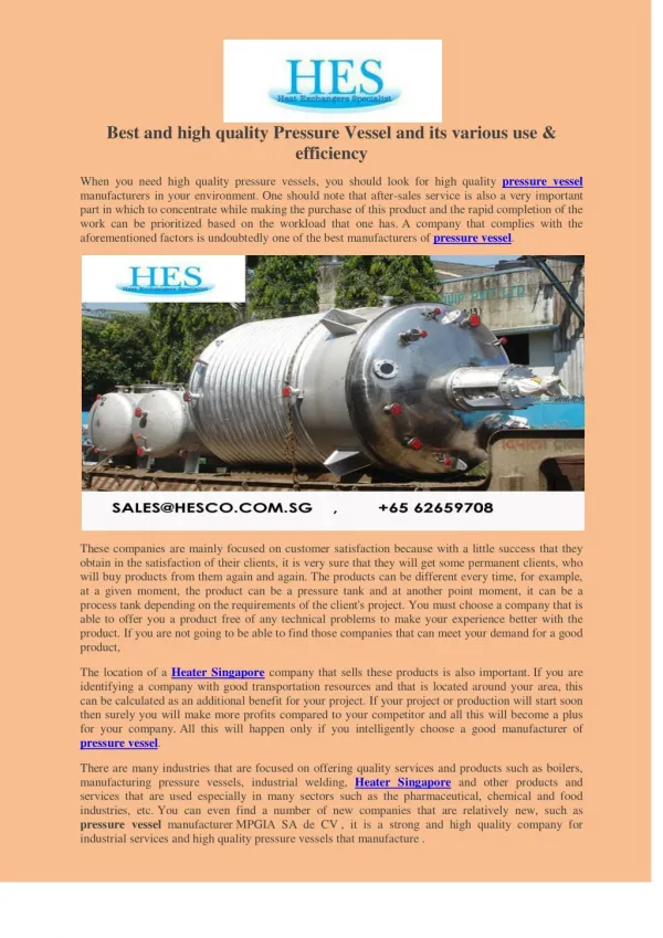 Best and high quality Pressure Vessel and its various use & efficiency