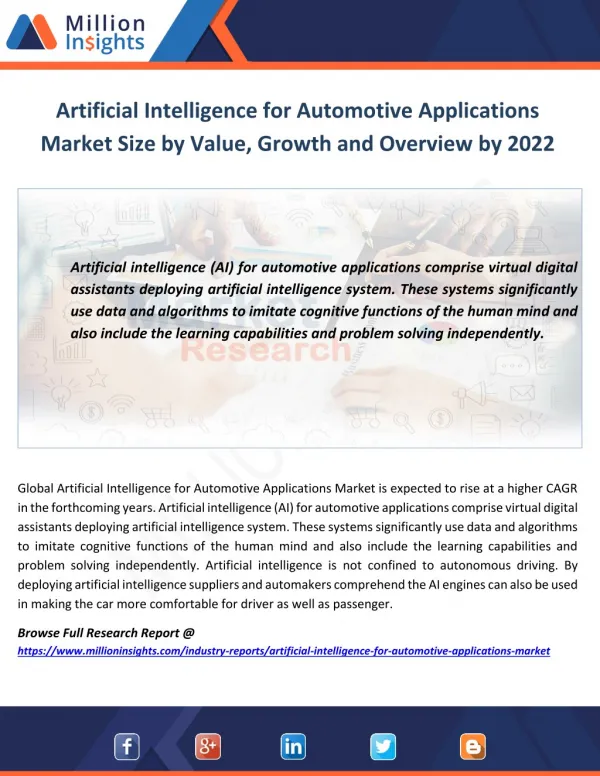 Artificial Intelligence for Automotive Applications Market Size by Value, Growth and Overview by 2022