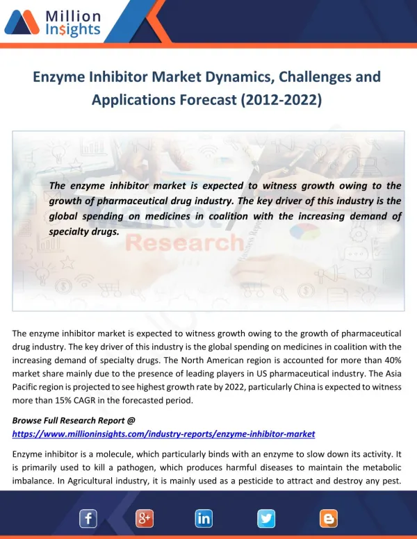 Enzyme Inhibitor Market Dynamics, Challenges and Applications Forecast (2012-2022)
