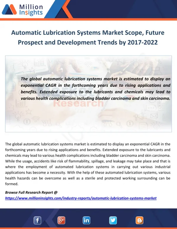 Automatic Lubrication Systems Market Scope, Future Prospect and Development Trends by 2017-2022