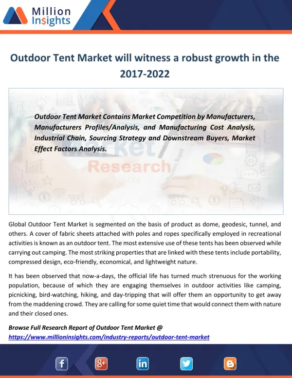 Outdoor Tent Market Cost Analysis, Industrial Chain Analysis, Share by 2022