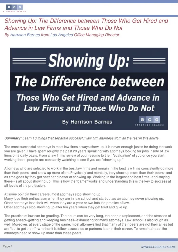 Showing Up: The Difference between Those Who Get Hired and Advance in Law Firms and Those Who Do Not