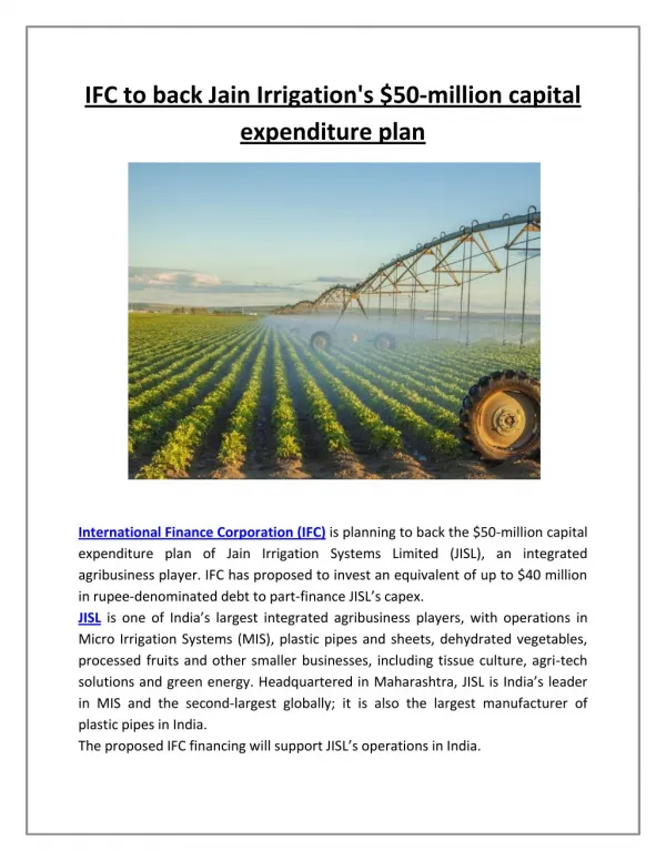 Ifc to back jain irrigation's $50 million capital expenditure plan