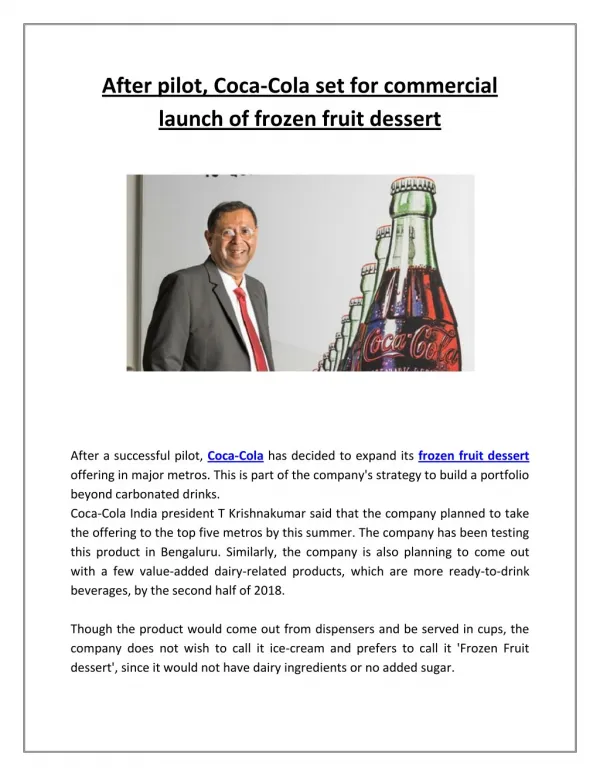 After pilot, Coca-Cola set for commercial launch of frozen fruit dessert