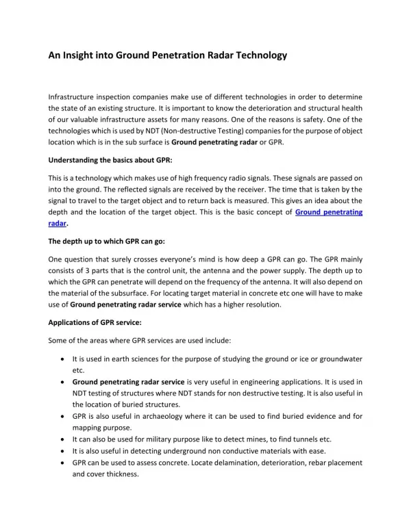 An Insight into Ground Penetration Radar Technology