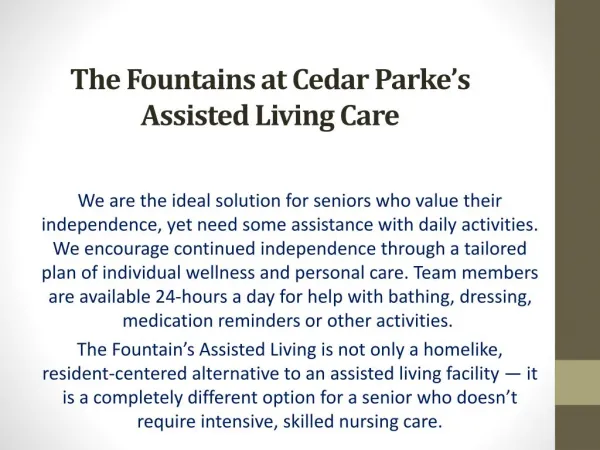 The Fountains at Cedar Parkeâ€™s Assisted Living Care