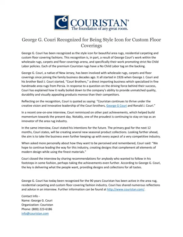 George G. Couri Recognized for Being Style Icon for Custom Floor Coverings