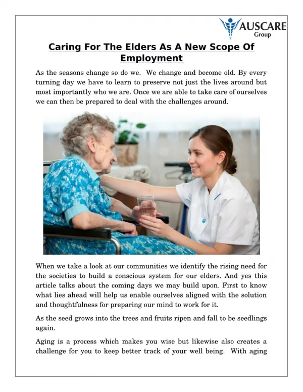 Caring For The Elders As A New Scope Of Employment