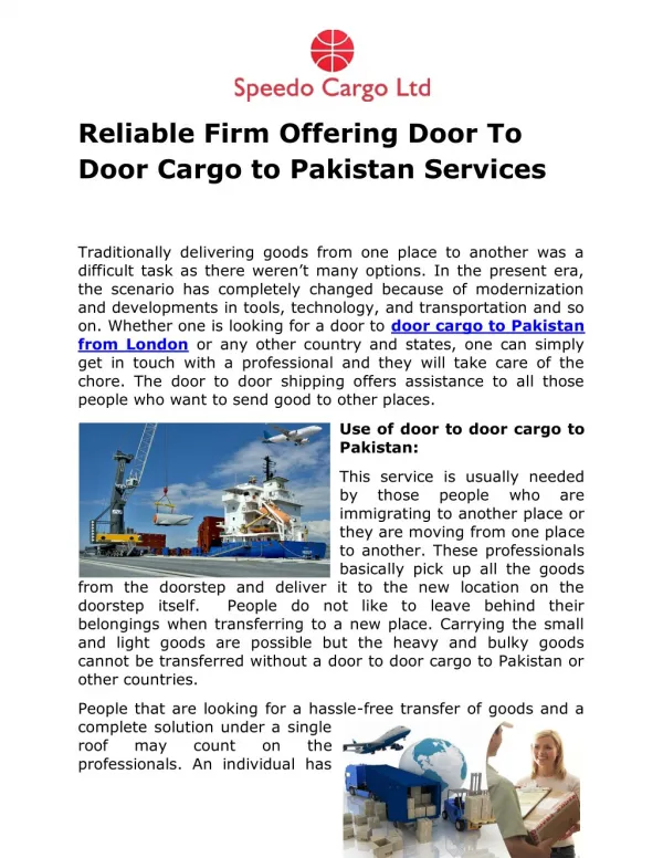 Reliable Firm Offering Door To Door Cargo to Pakistan Services