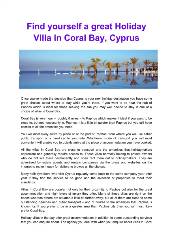 Find yourself a great Holiday Villa in Coral Bay, Cyprus