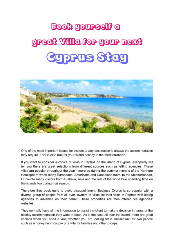 Book yourself a great Villa for your next Cyprus Stay
