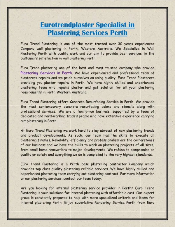 Eurotrendplaster Specialist in Plastering Services Perth