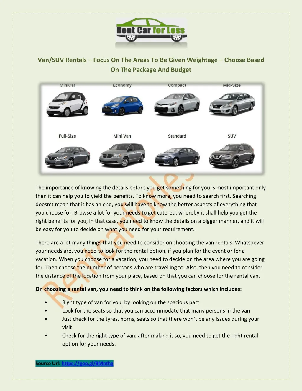 van suv rentals focus on the areas to be given