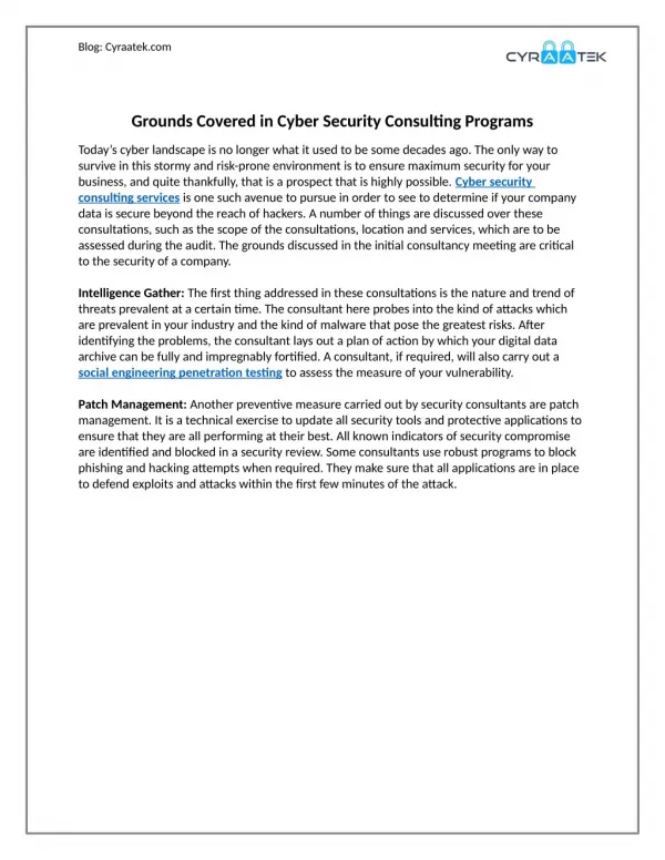 Grounds Covered in Cyber Security Consulting Programs