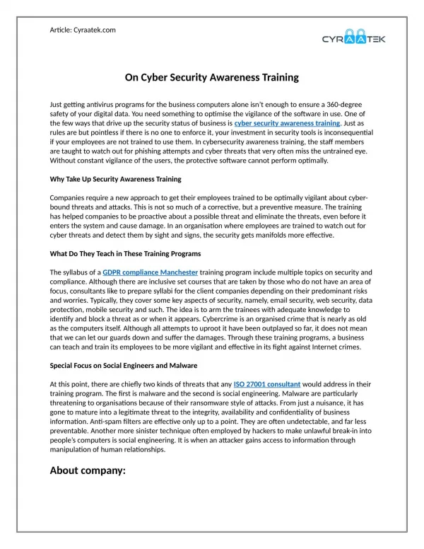 On Cyber Security Awareness Training - Cyraatek