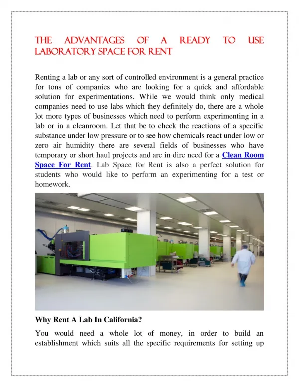 The Advantages Of A Ready To Use Laboratory Space For Rent