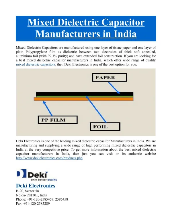 Mixed Dielectric Capacitor Manufacturers in India