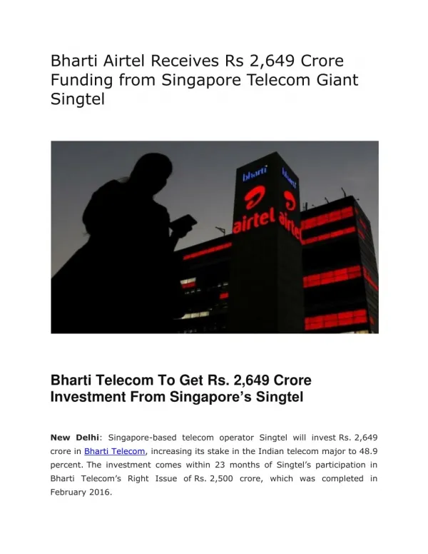 Bharti Airtel Receives Rs 2,649 Crore Funding from Singapore Telecom Giant Singtel