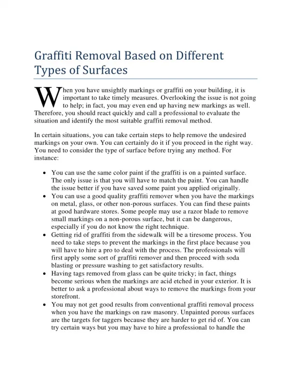 Graffiti Removal Based on Different Types of Surfaces