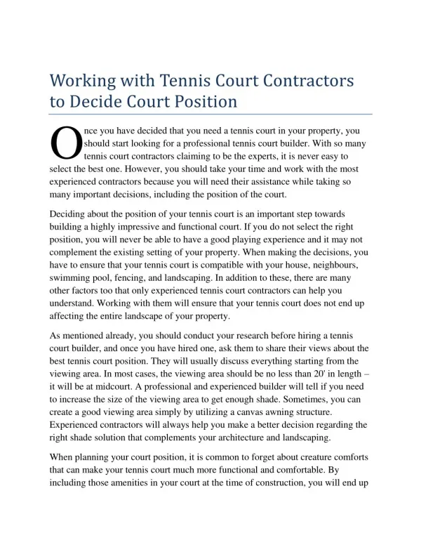 Working with Tennis Court Contractors to Decide Court Position