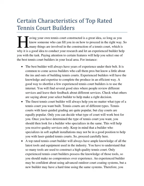 Certain Characteristics of Top Rated Tennis Court Builders