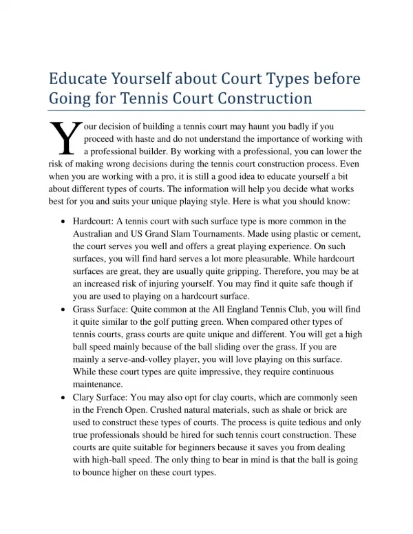 Educate Yourself about Court Types before Going for Tennis Court Construction