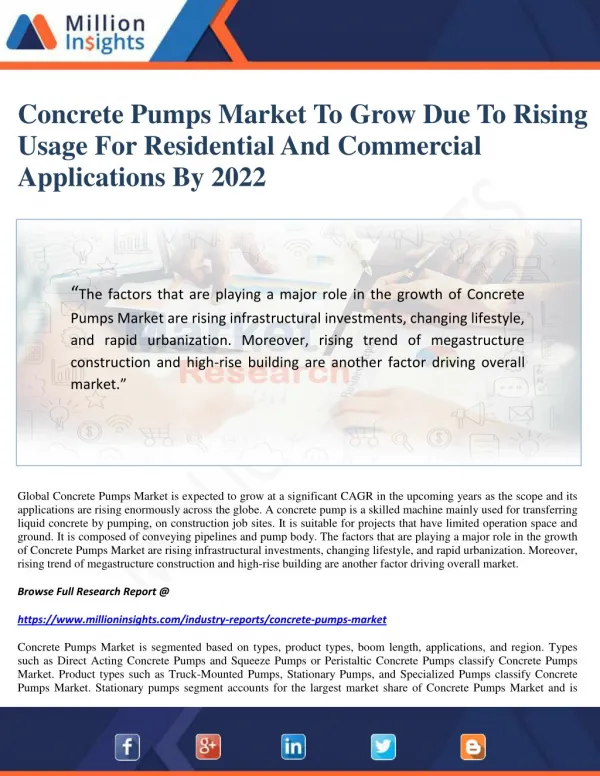 Concrete Pumps Market To Grow Due To Rising Usage For Residential And Commercial Applications By 2022