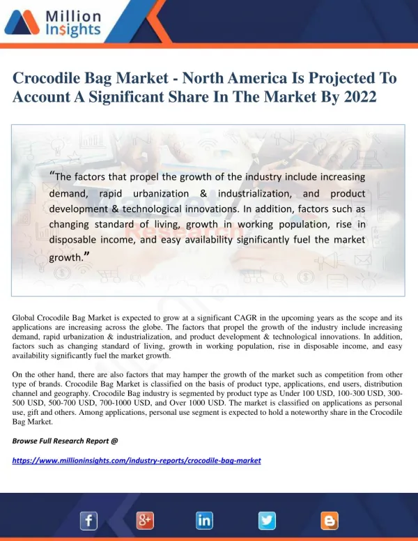 Crocodile Bag Market - North America Is Projected To Account A Significant Share In The Market By 2022