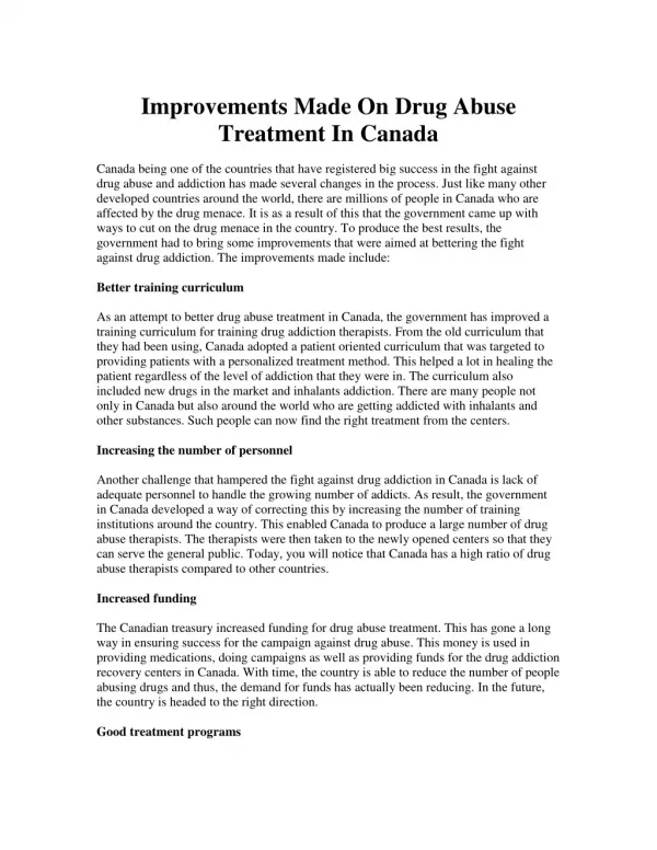 Improvements Made On Drug Abuse Treatment In Canada