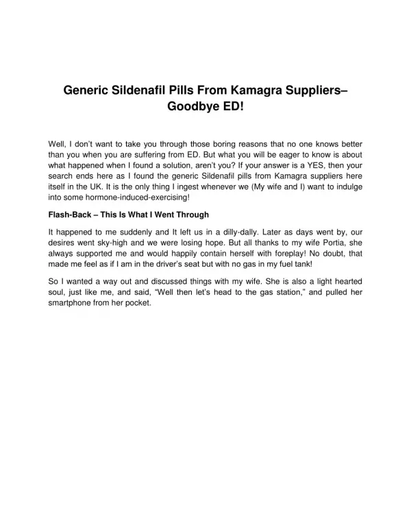 Generic Sildenafil Pills From Kamagra Suppliers–Goodbye ED!