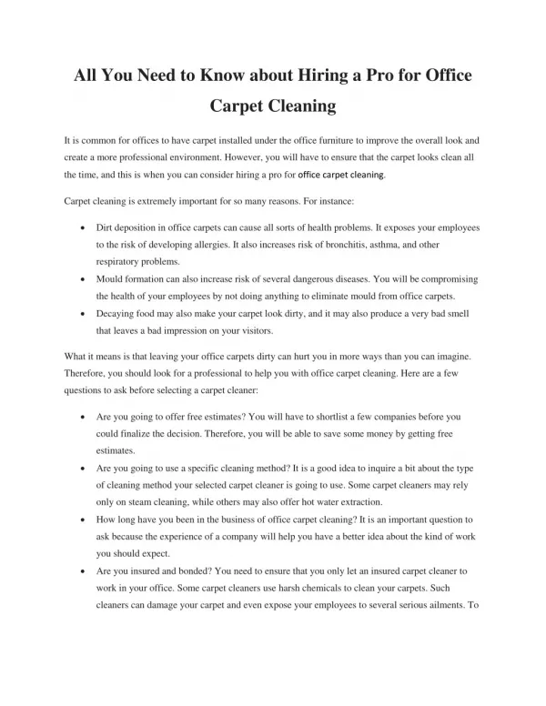 All You Need to Know about Hiring a Pro for Office Carpet Cleaning