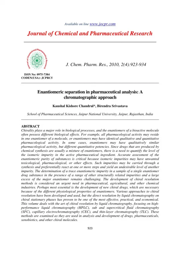 Enantiomeric separation in pharmaceutical analysis: A chromatographic approach
