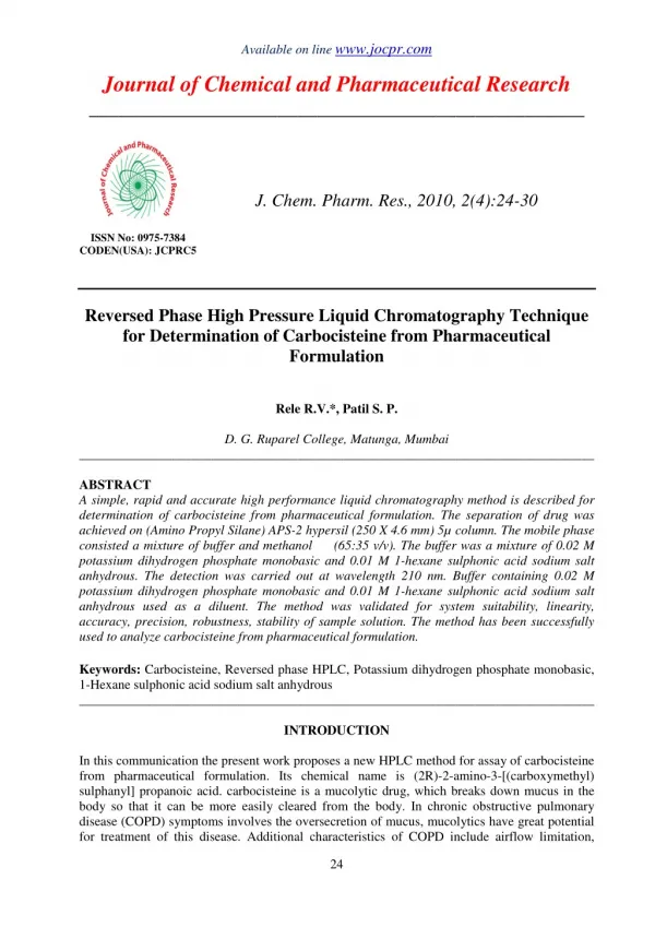 Reversed Phase High Pressure Liquid Chromatography Technique for Determination of Carbocisteine from Pharmaceutical Form