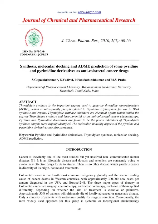 Synthesis, molecular docking and ADME prediction of some pyridine and pyrimidine derivatives as anti-colorectal cancer d