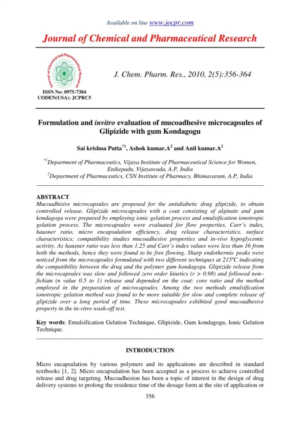 Formulation and invitro evaluation of mucoadhesive microcapsules of Glipizide with gum Kondagogu