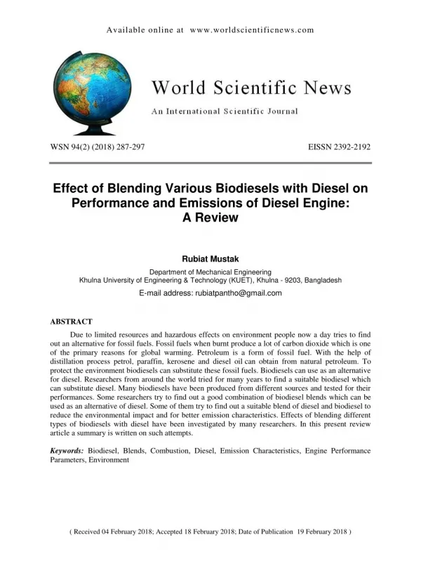 Effect of Blending Various Biodiesels with Diesel on Performance and Emissions of Diesel Engine: A Review