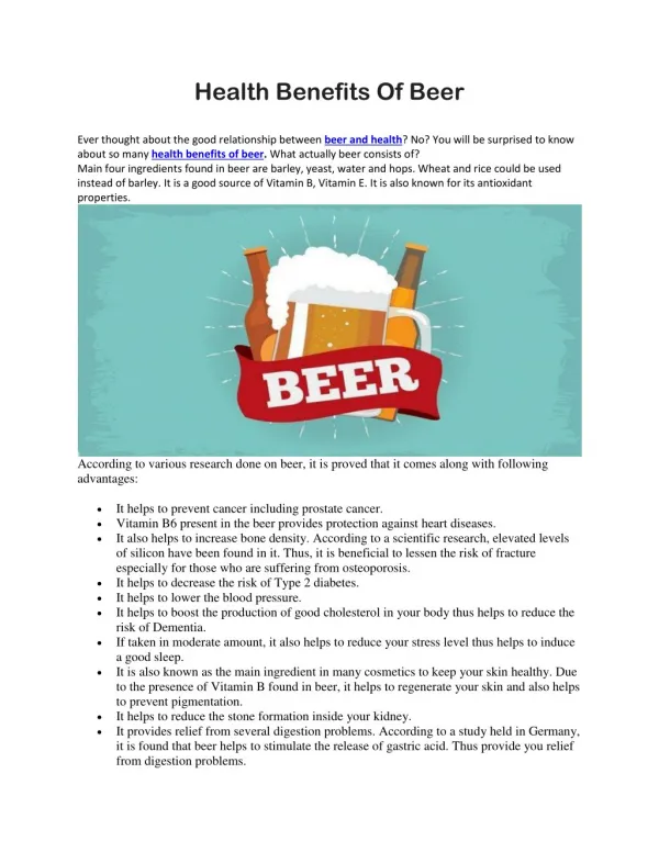 Health Benefits Of Beer